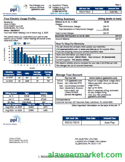 USA PPL Electric utility bill template in Word and PDF formats, version 3